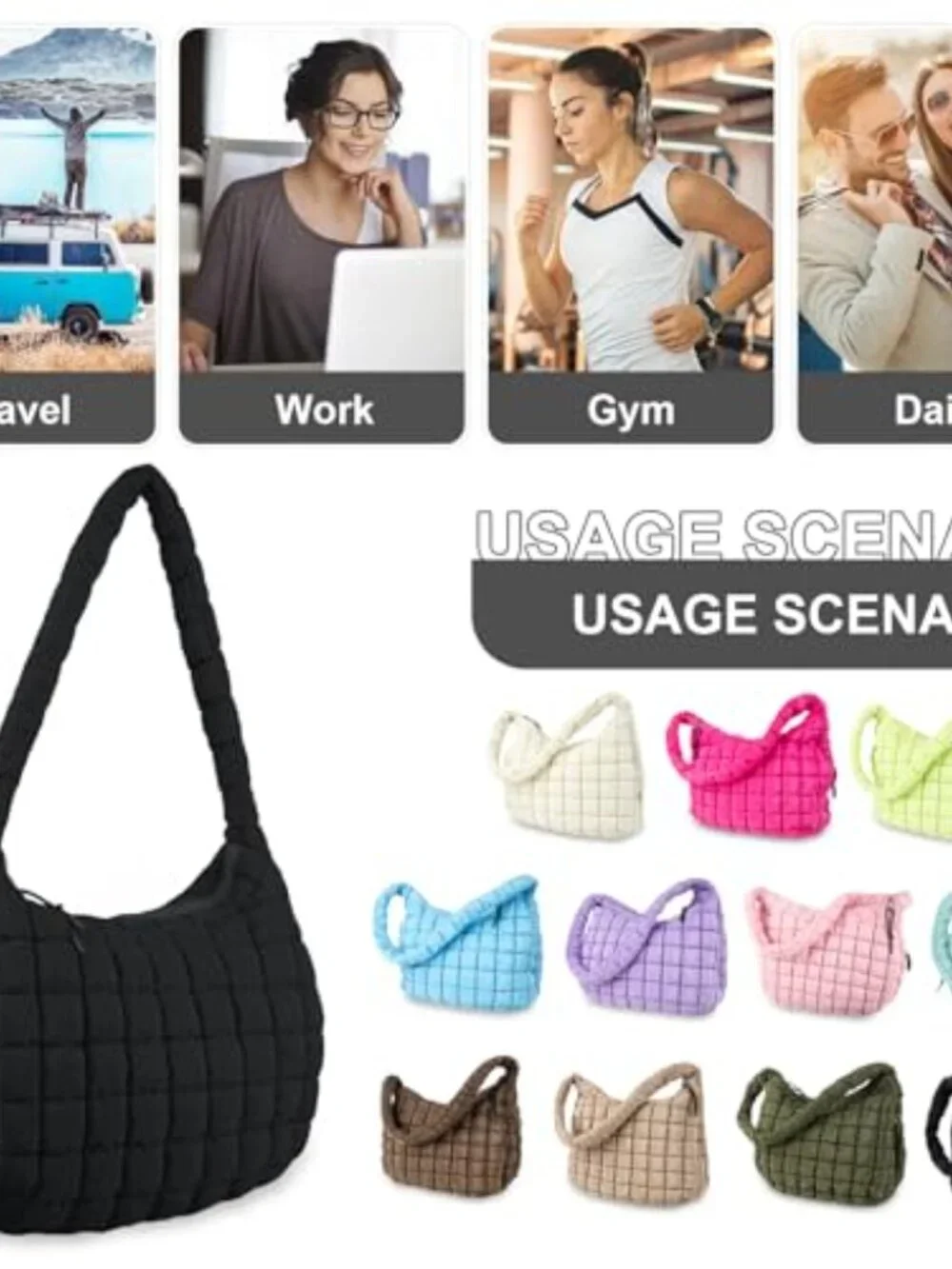 Quilted Puffer Tote Bag Crossbody Shoulder Hobo Nylon Lightweight Large
